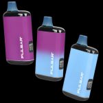 Three Pulsar vaporizers in gradient purple and blue hues against a black background.