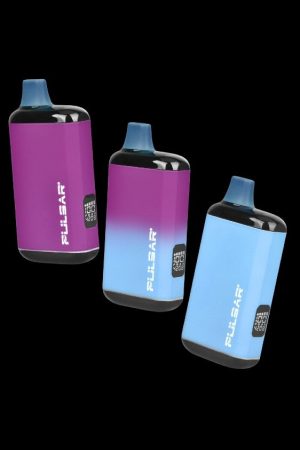 Three Pulsar vaporizers in gradient purple and blue hues against a black background.