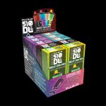 A stack of colorful Pulsar DUO Series Mist cartridge vape boxes with diagrams of the device and French text.