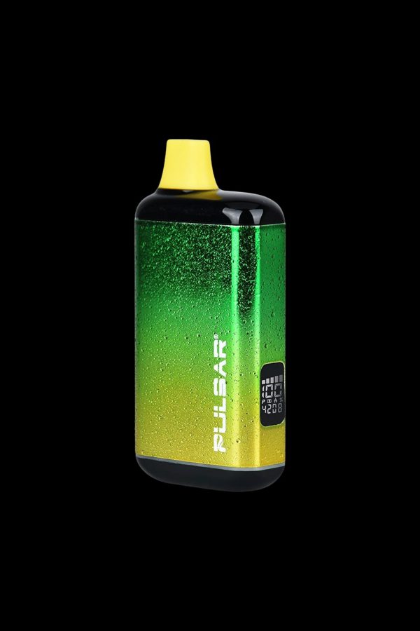 Green and gold cannabis vaporizer with digital display.