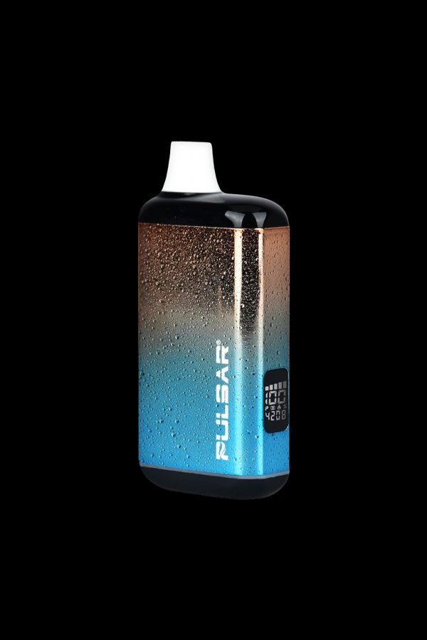 Pulsar vaporizer pen with gradient blue-to-red finish and digital display.