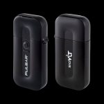 Two black Pulsar vaporizer pens side-by-side on a dark background.