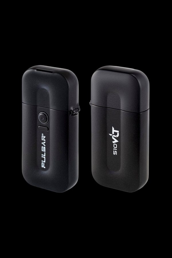 Two black Pulsar vaporizer pens side-by-side on a dark background.