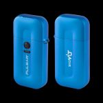 Two blue Pulsar vaporizer pens against a black background.