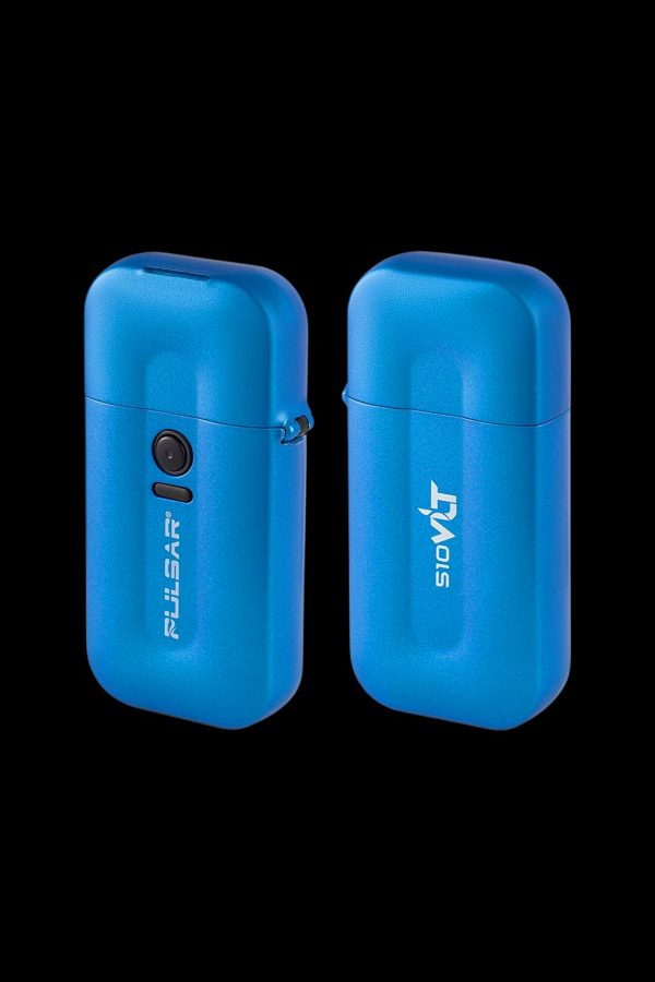 Two blue Pulsar vaporizer pens against a black background.
