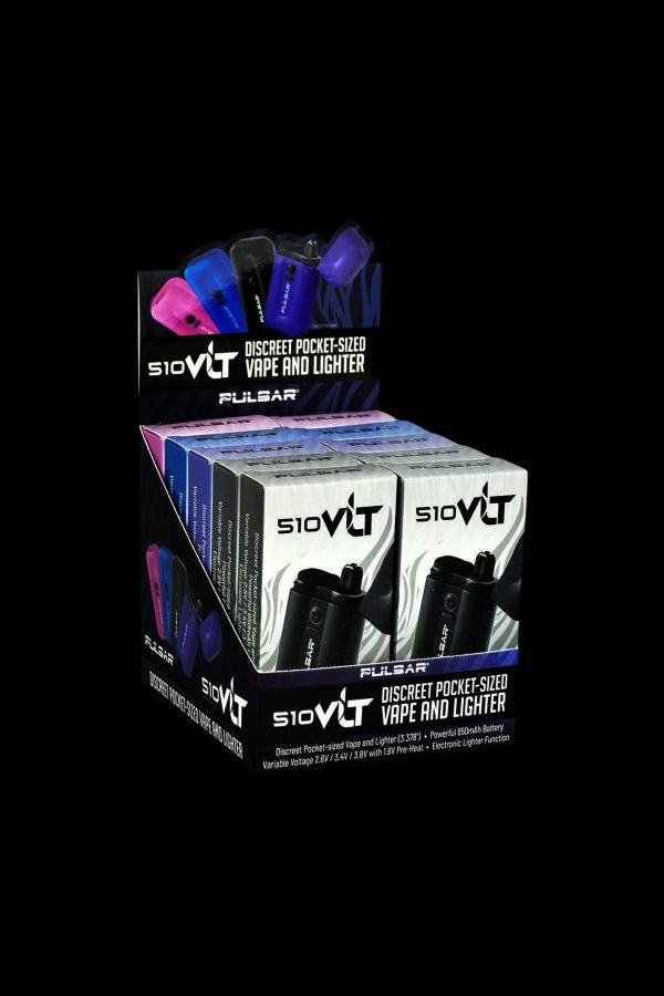Product shot of Pulsar SIOVLT discreet vape and lighter packaging, featuring black and purple devices with details on variable voltage and electronic pre-heat function.