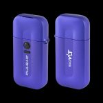 Two blue cannabis vaporizer pens with brand logos displayed against a black background.