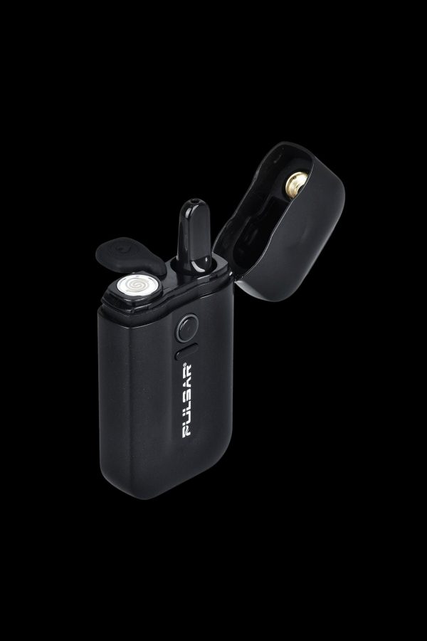 Black Pulsar vaporizer pen with open mouthpiece and charging case.