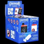 A stack of boxed Pulsar ""510 Duo Pro"" cannabis oil vape cartridges featuring Grateful Dead-themed branding."