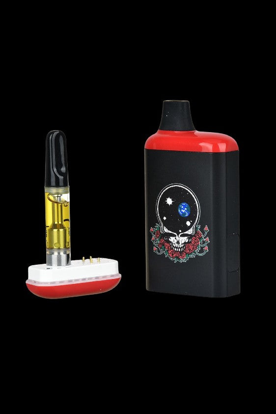 Cannabis oil cartridge and battery with a Grateful Dead-inspired design.