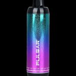 Pulsar vaporizer pen with iridescent purple and teal finish, covered in condensation.