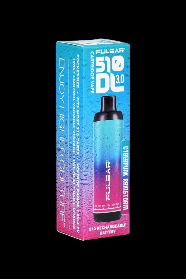 Pulsar DC 510 Vape battery with a cyberpunk-themed design, displayed in its packaging with water droplets.