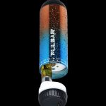 Cannabis vape pen with a metallic blue and orange battery and a clear cartridge containing visible oil.