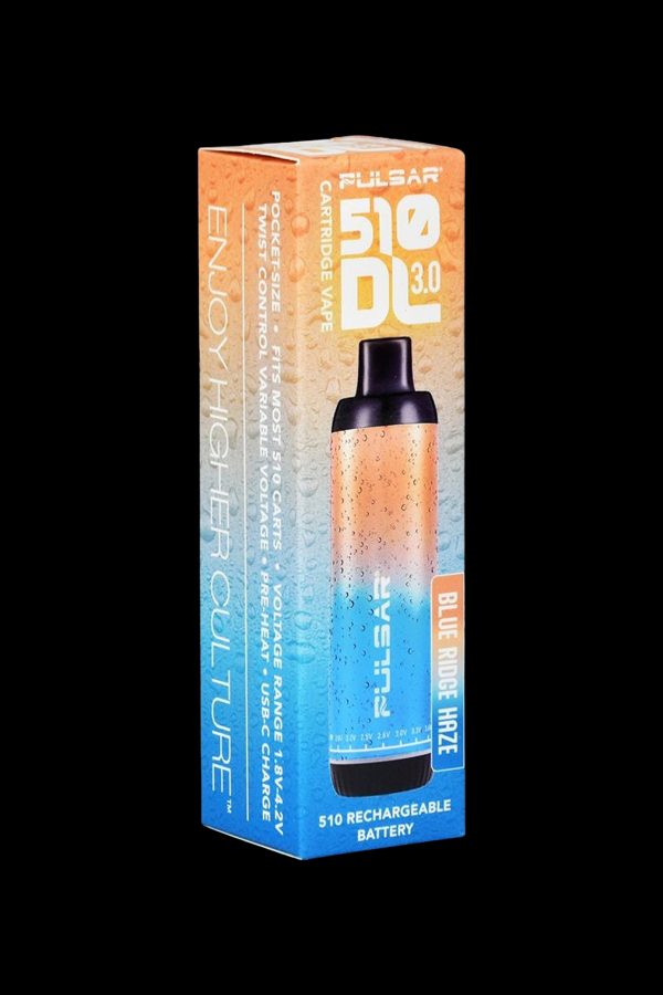 Pulsar BD3.0 510 rechargeable vape battery in a retail box, featuring a hazy orange and yellow design.