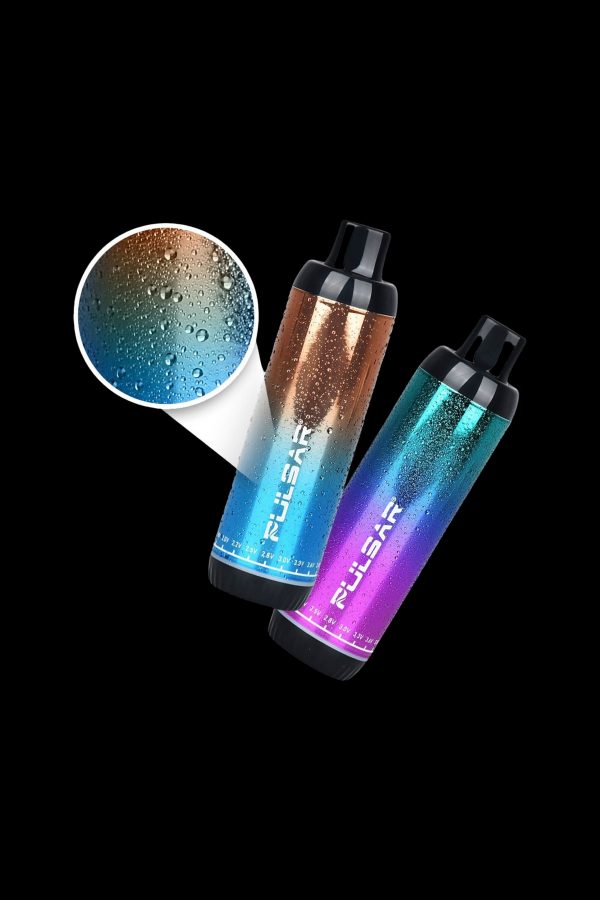 Three colorful Pulsar vaporizers with a close-up showing water droplets on one, against a black background.