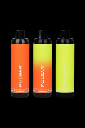 Three Pulsar vaporizers in orange, yellow, and lime green, with voltage settings displayed on the base.