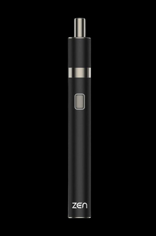 Black cannabis vape pen with a sleek, cylindrical design.