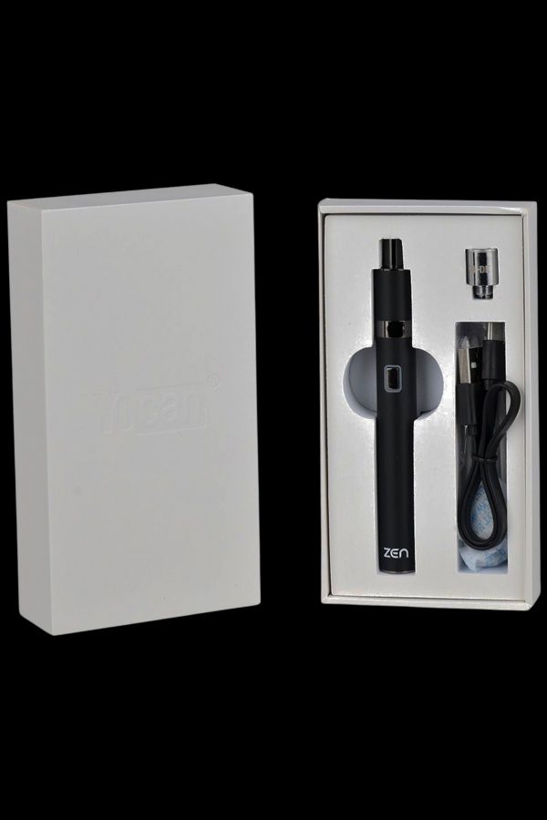 Black cannabis vaporizer pen in open packaging with accessories.