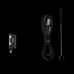 DynaVap “M” portable vaporizer pen, USB-C charging cable, and cleaning brush on a black background.