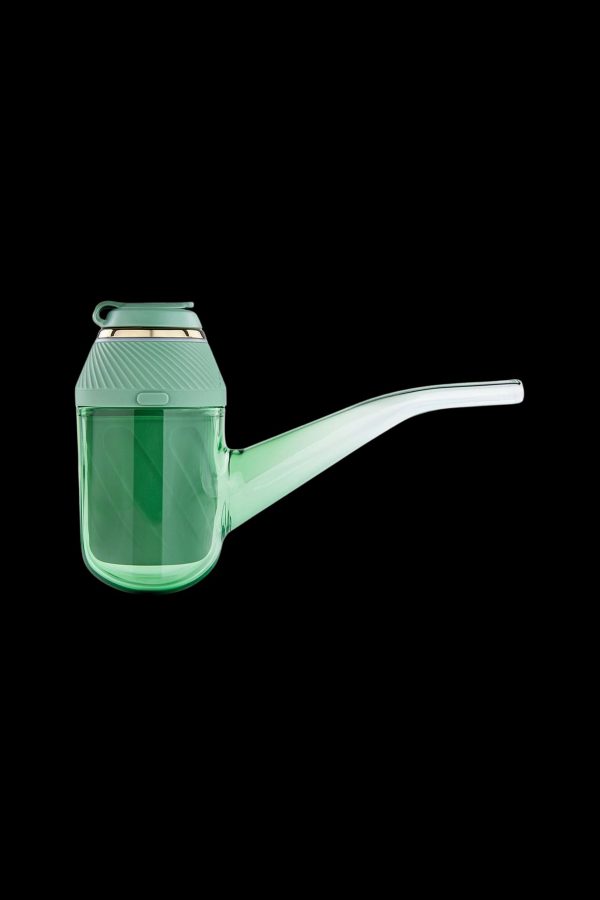 Green glass cannabis water pipe on a black background.