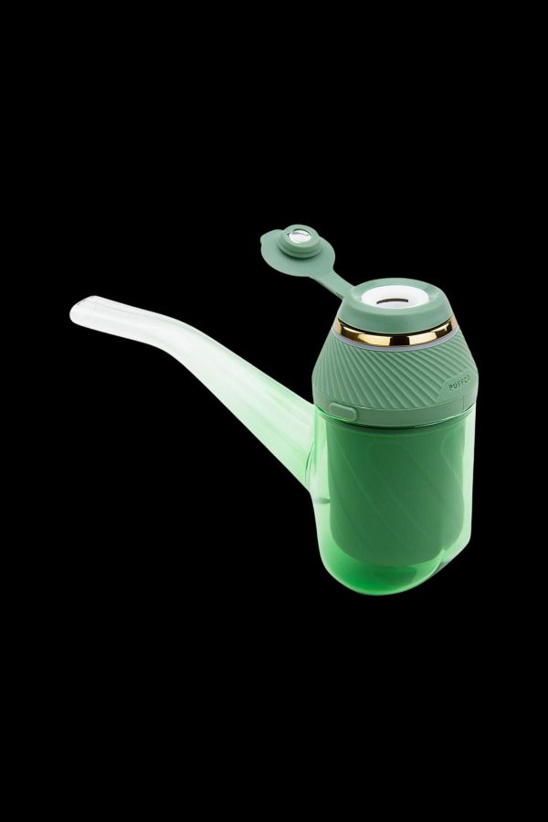 Green Puffco Peak Pro portable dab rig with a quartz insert.