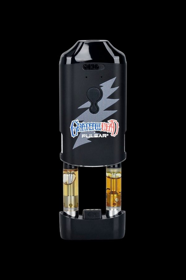 Black Pulsar vaporizer with two filled cannabis oil cartridges inserted.