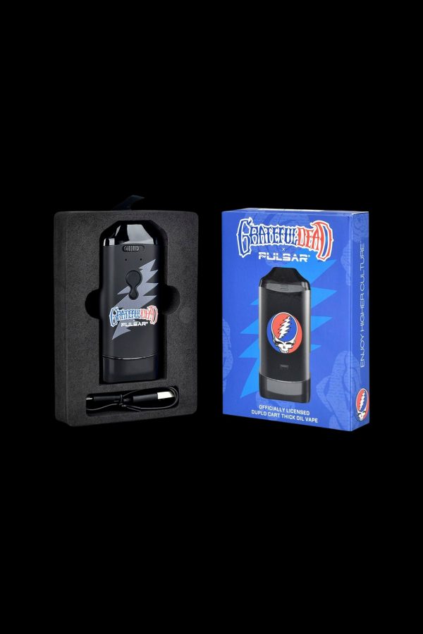 Grateful Dead-branded Pulsar vaporizer pen and packaging, black with iconic skull and roses logo.