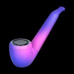 Neon-lit electronic cannabis pipe on a black background.