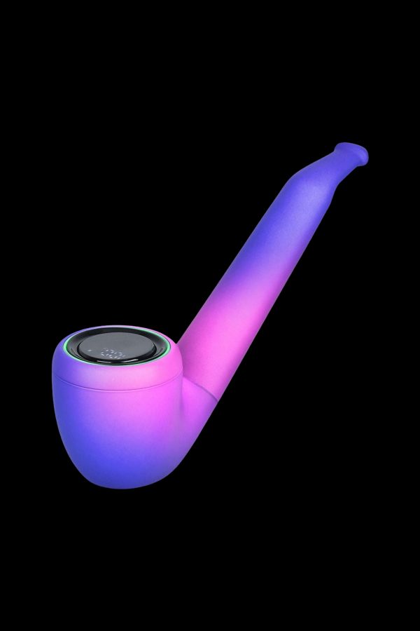 Neon-lit electronic cannabis pipe on a black background.