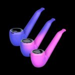 Neon purple and blue glass pipes stacked against a black background.