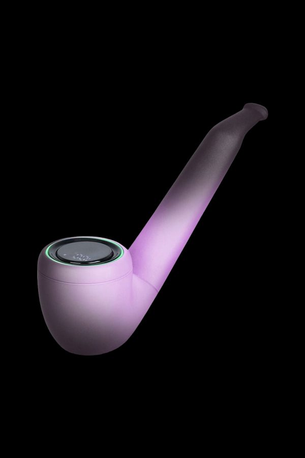 Modern cannabis pipe with glowing purple illumination.