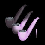 Sleek, black cannabis pipes with glowing green accents and translucent purple stems, displayed against a black background.