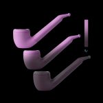 Four lavender-colored smoking pipes arranged diagonally against a black background, with smoke rising from one.