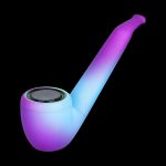 Neon-colored electronic dab rig with a glass mouthpiece on a black background.