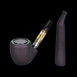 Sleek black cannabis oil vaporizer resembling a pipe, with a partially visible cartridge and mouthpiece against a dark background.
