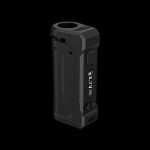 Black electronic dab rig with visible controls and mouthpiece.