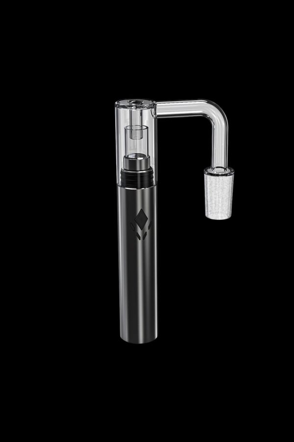 Black cannabis e-rig with a glass bubbler attachment.