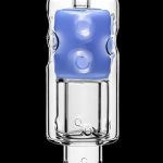 Blue glass bubbler with intricate design.