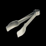 Clear cannabis handling tongs against a black background.