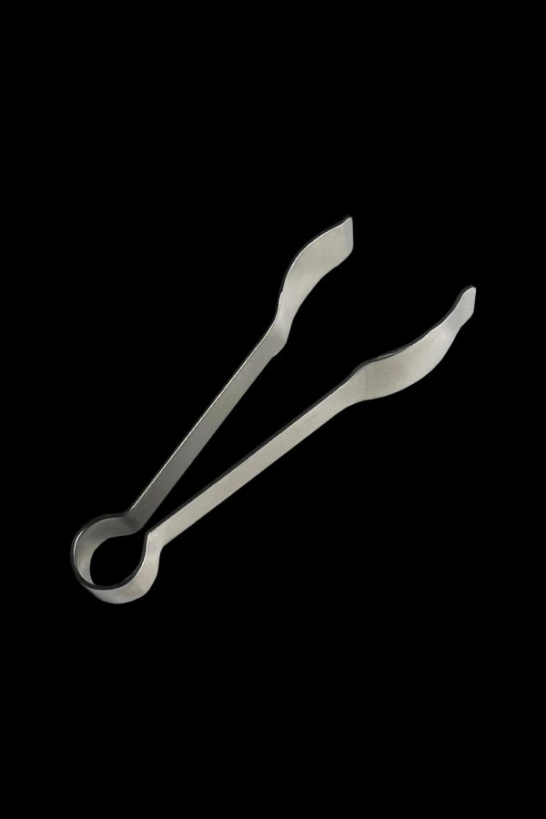 Silver cannabis tweezers on a black background.