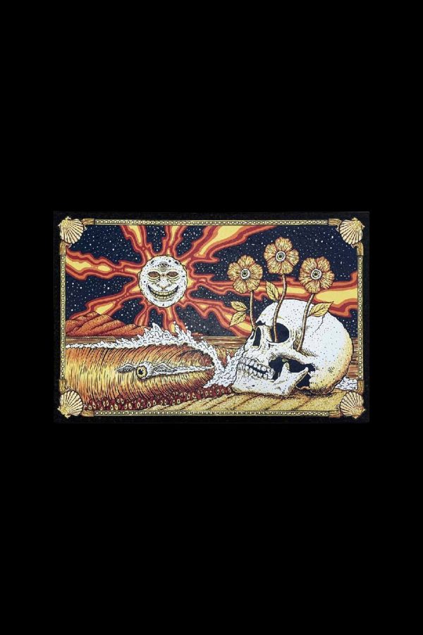 A vintage-style tapestry depicting a skull surrounded by sunflowers, with a crescent moon and sun in a swirling, psychedelic sky."
