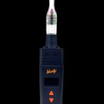 Black and silver “Venty” portable cannabis vaporizer with a glass mouthpiece, displayed against a dark background.