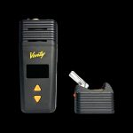 Black Ventty portable vaporizer with digital display and open mouthpiece component on a dark background.