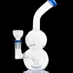 Clear glass bubbler with blue accents, used for smoking cannabis.