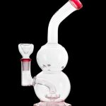 Clear glass bubbler water pipe with red accents.