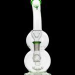 Green-tipped glass bubbler water pipe for cannabis use.