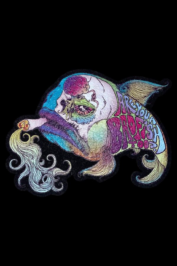 A psychedelic mermaid skeleton with a colorful, patterned tail and the words “Dry Your Buds” inscribed on it, surrounded by swirling smoke.