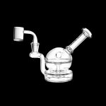 Clear glass dab rig with spherical body and angled mouthpiece, isolated on black.