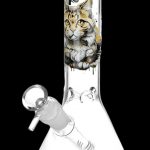 Glass bong with a cat illustration.