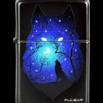 A black Zippo-style lighter featuring a detailed, glowing blue illustration of a howling wolf silhouetted against a starry night and crescent moon. "Pulsar" is printed in white at the bottom.
